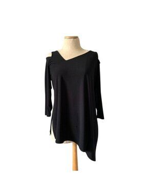 Sympli Womens Sz 8 Black Cold Shoulder Asymmetrical Hem Tunic Top Made In Canada